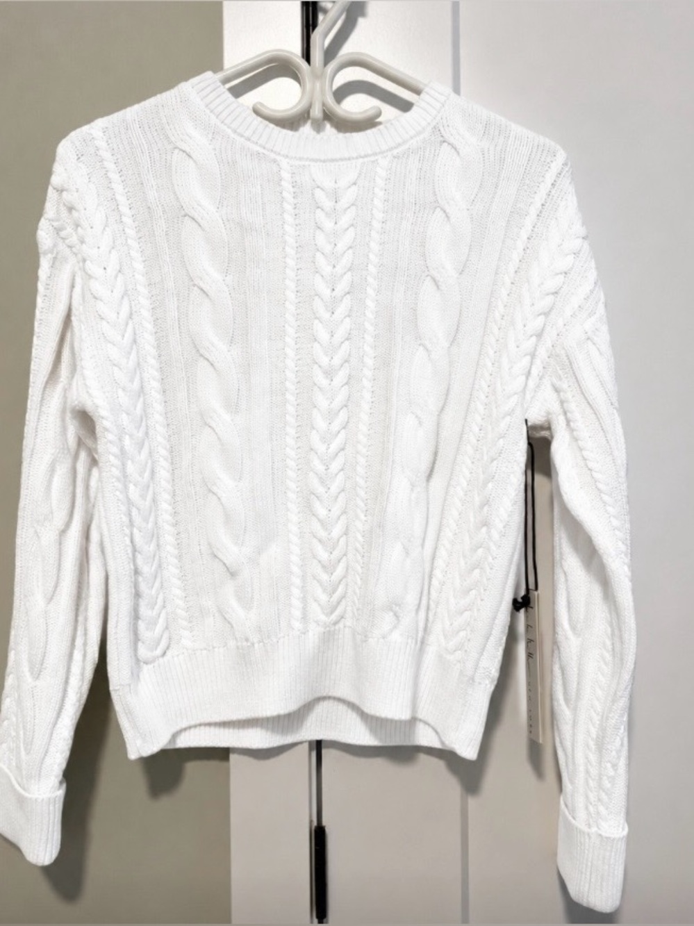 Nicole Miller White Cotton Cable Knit Crewneck Sweater